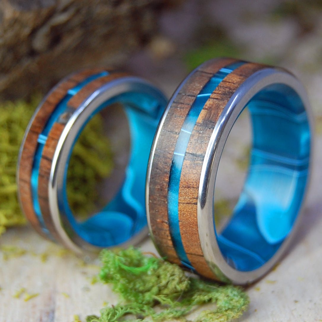 OUTRIGGER | Aquatic Blue Resin & Koa Wood - His & Hers Wedding Band Set - Wooden Wedding Rings - Minter and Richter Designs