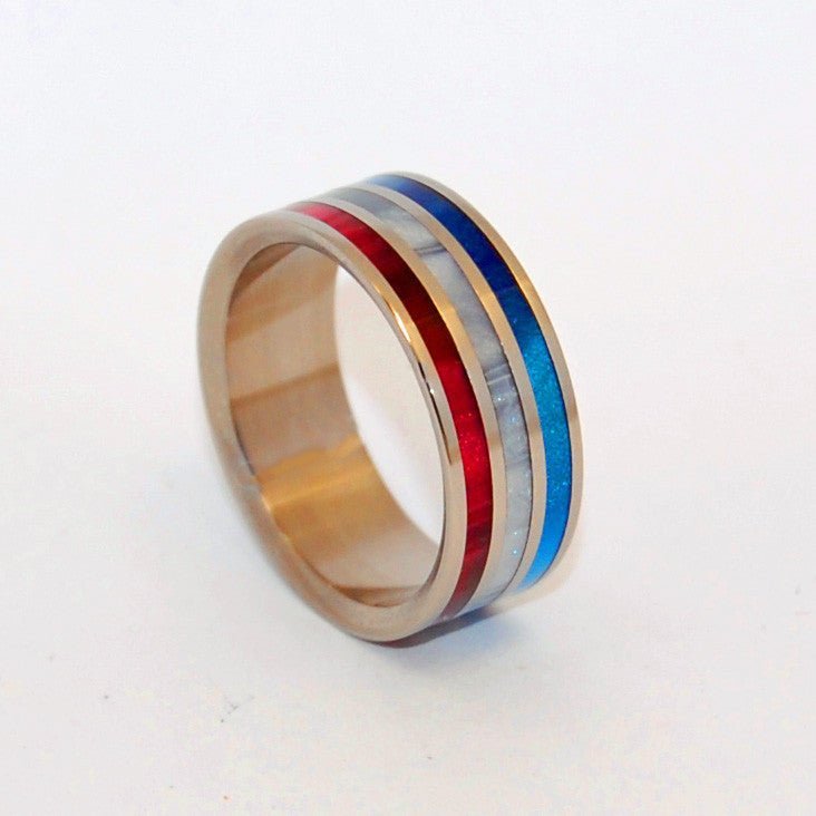 Patriot | Men's Gray Pearl Opalescent, Red & Blue Marbled Resin, & Titanium Wedding Ring - Minter and Richter Designs