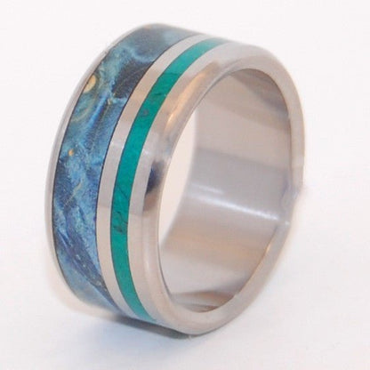 Peaceful Waters | Men's Jade, Blue Box Elder Wood & Titanium Wedding Ring - Minter and Richter Designs
