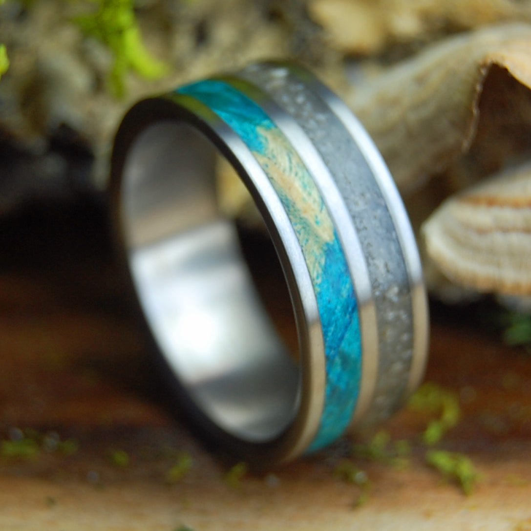 PETOSKEY TURQUOISE WATERS | Petoskey Stone and Turquoise Box Elder Wood - Unique Wedding Ring - Minter and Richter Designs