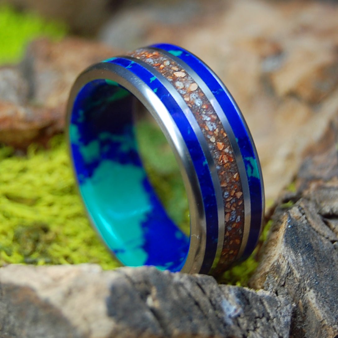 Pitch from Fenway to the Cape | Men's Baseball Fenway Pitchers Mound Dirt, Cape Cod Sand, Azurite Malachite & Titanium Wedding Ring - Minter and Richter Designs