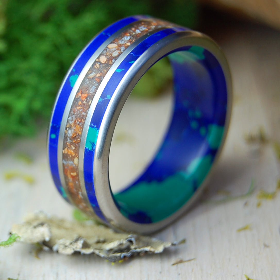 Pitch from Fenway to the Cape | Men's Baseball Fenway Pitchers Mound Dirt, Cape Cod Sand, Azurite Malachite & Titanium Wedding Ring - Minter and Richter Designs