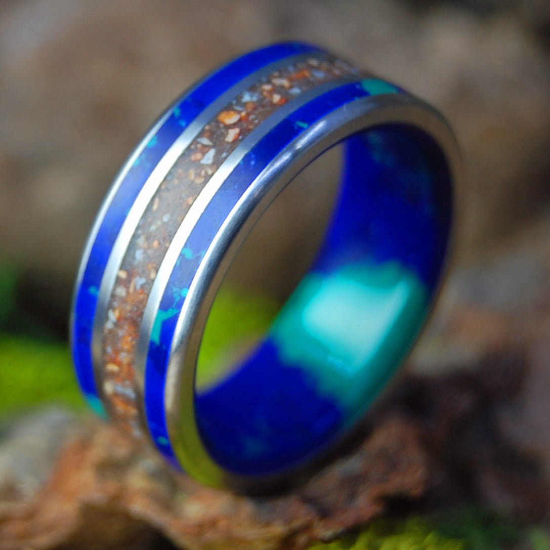 Pitch from Fenway to the Cape | Men's Baseball Fenway Pitchers Mound Dirt, Cape Cod Sand, Azurite Malachite & Titanium Wedding Ring - Minter and Richter Designs