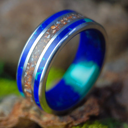 Pitch from Fenway to the Cape | Men's Baseball Fenway Pitchers Mound Dirt, Cape Cod Sand, Azurite Malachite & Titanium Wedding Ring - Minter and Richter Designs