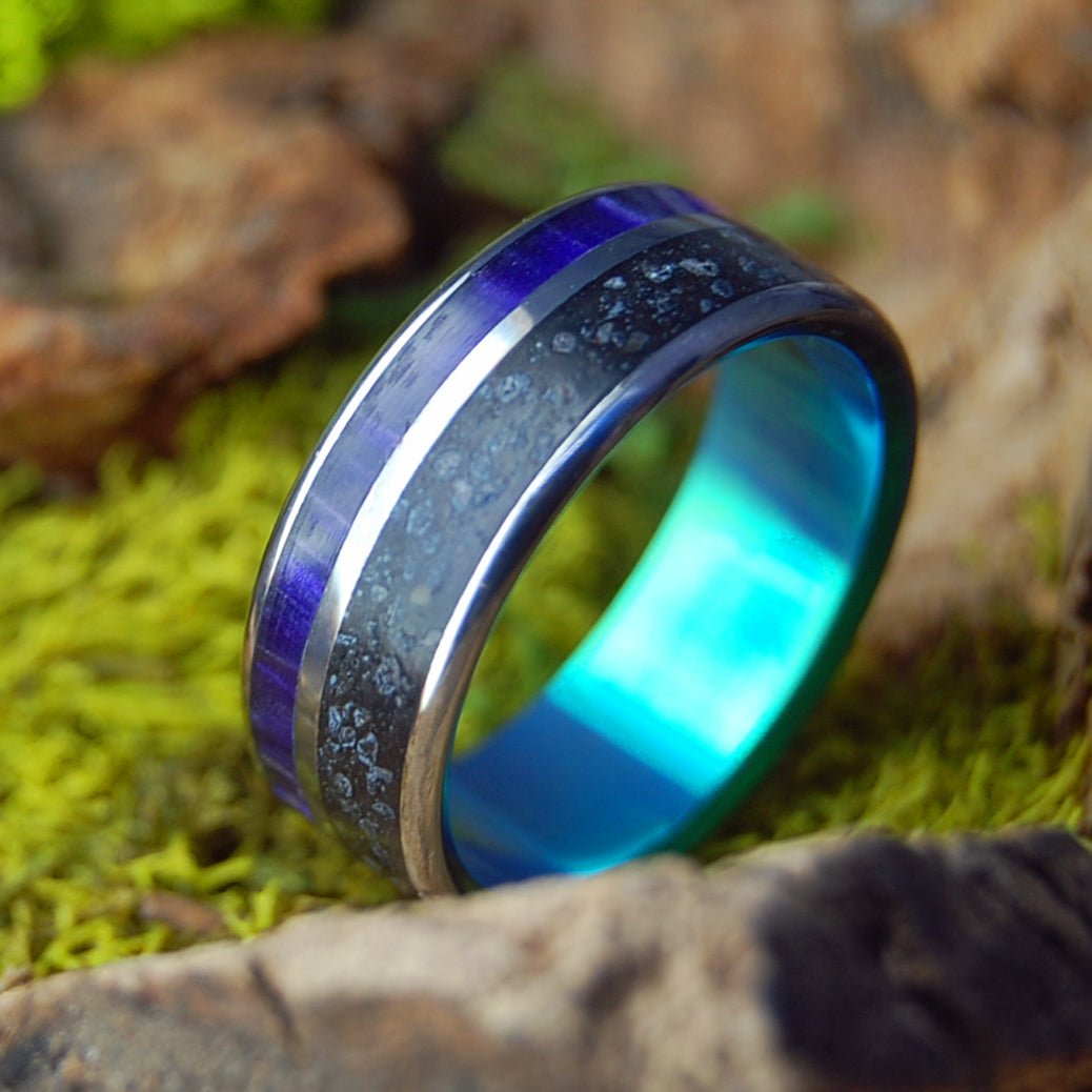 Purple Heart Under Vik Aurora | Beach Sand & Purple Marbled Opalescent Titanium Wedding Ring - Minter and Richter Designs