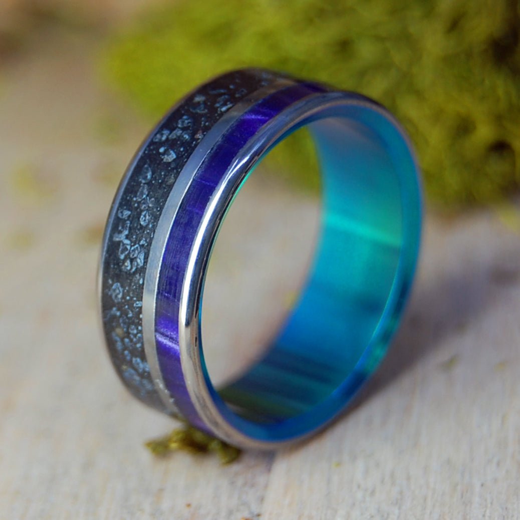 Purple Heart Under Vik Aurora | Beach Sand & Purple Marbled Opalescent Titanium Wedding Ring - Minter and Richter Designs
