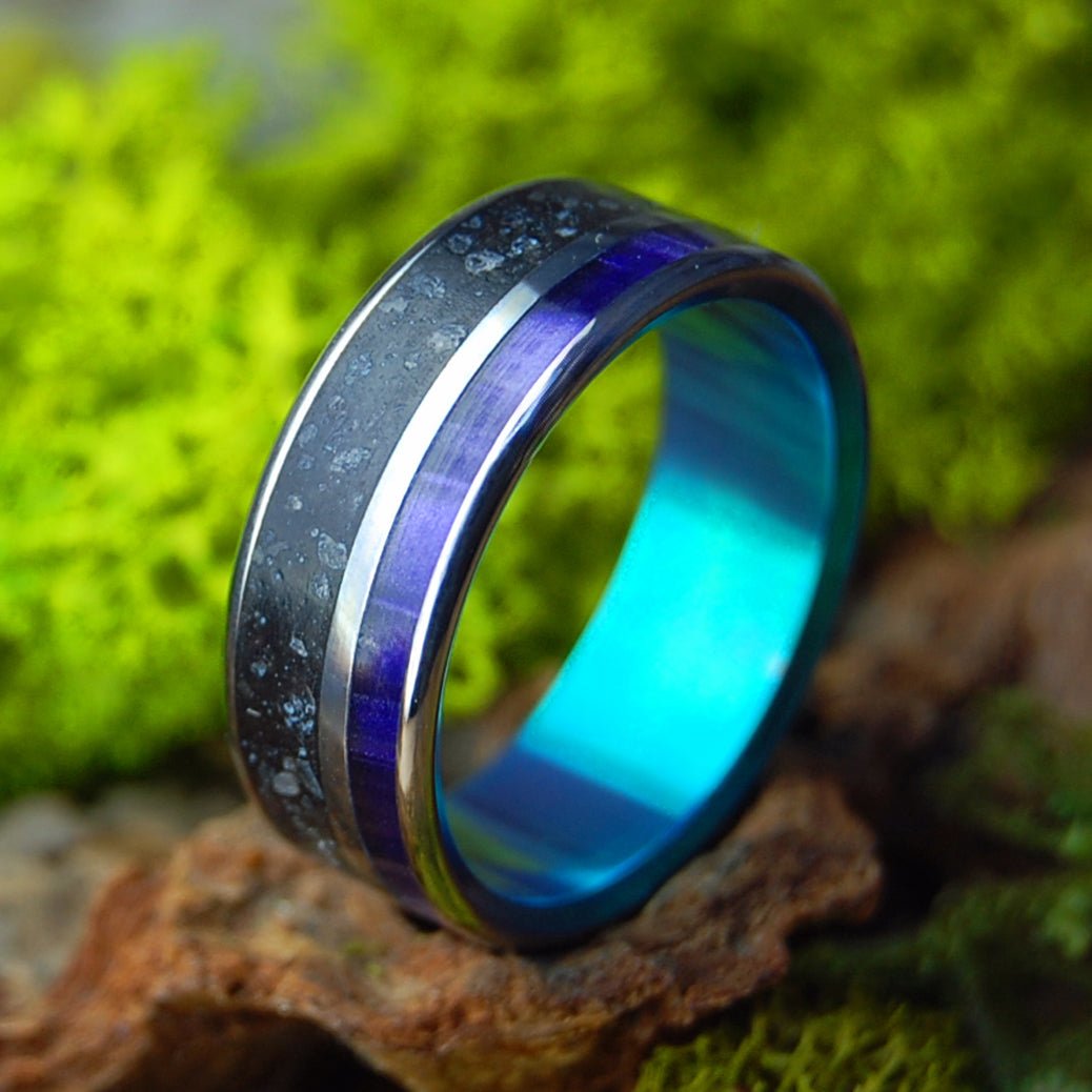 Purple Heart Under Vik Aurora | Beach Sand & Purple Marbled Opalescent Titanium Wedding Ring - Minter and Richter Designs