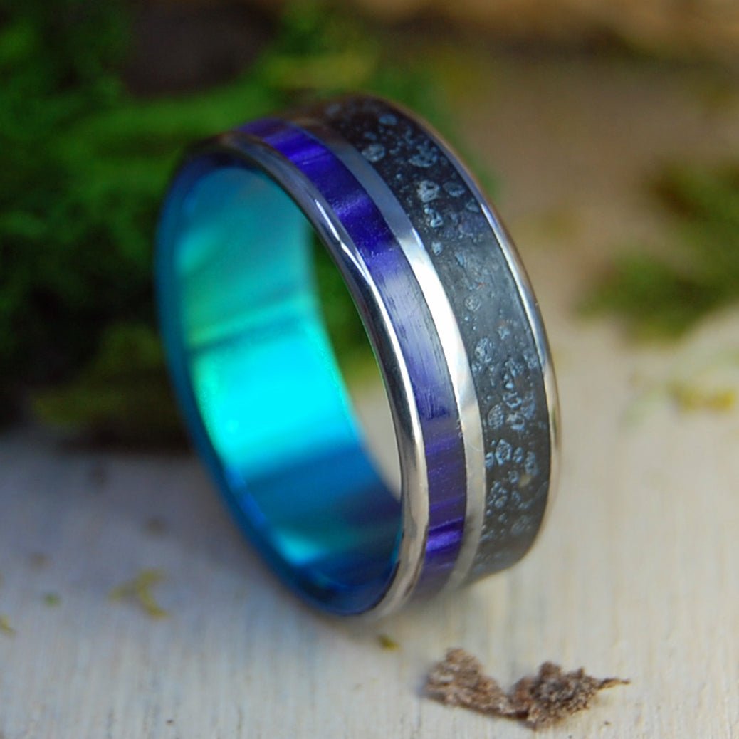 Purple Heart Under Vik Aurora | Beach Sand & Purple Marbled Opalescent Titanium Wedding Ring - Minter and Richter Designs