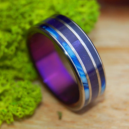 PURPLE SHIMMER | Women's Purple Marbled Opalescent, Blue Vintage Resin & Titanium Wedding Ring - Minter and Richter Designs
