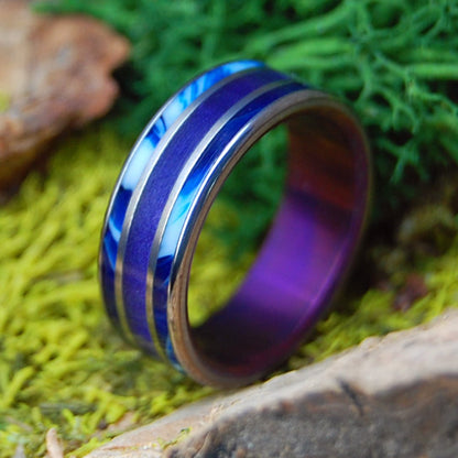 PURPLE SHIMMER | Women's Purple Marbled Opalescent, Blue Vintage Resin & Titanium Wedding Ring - Minter and Richter Designs