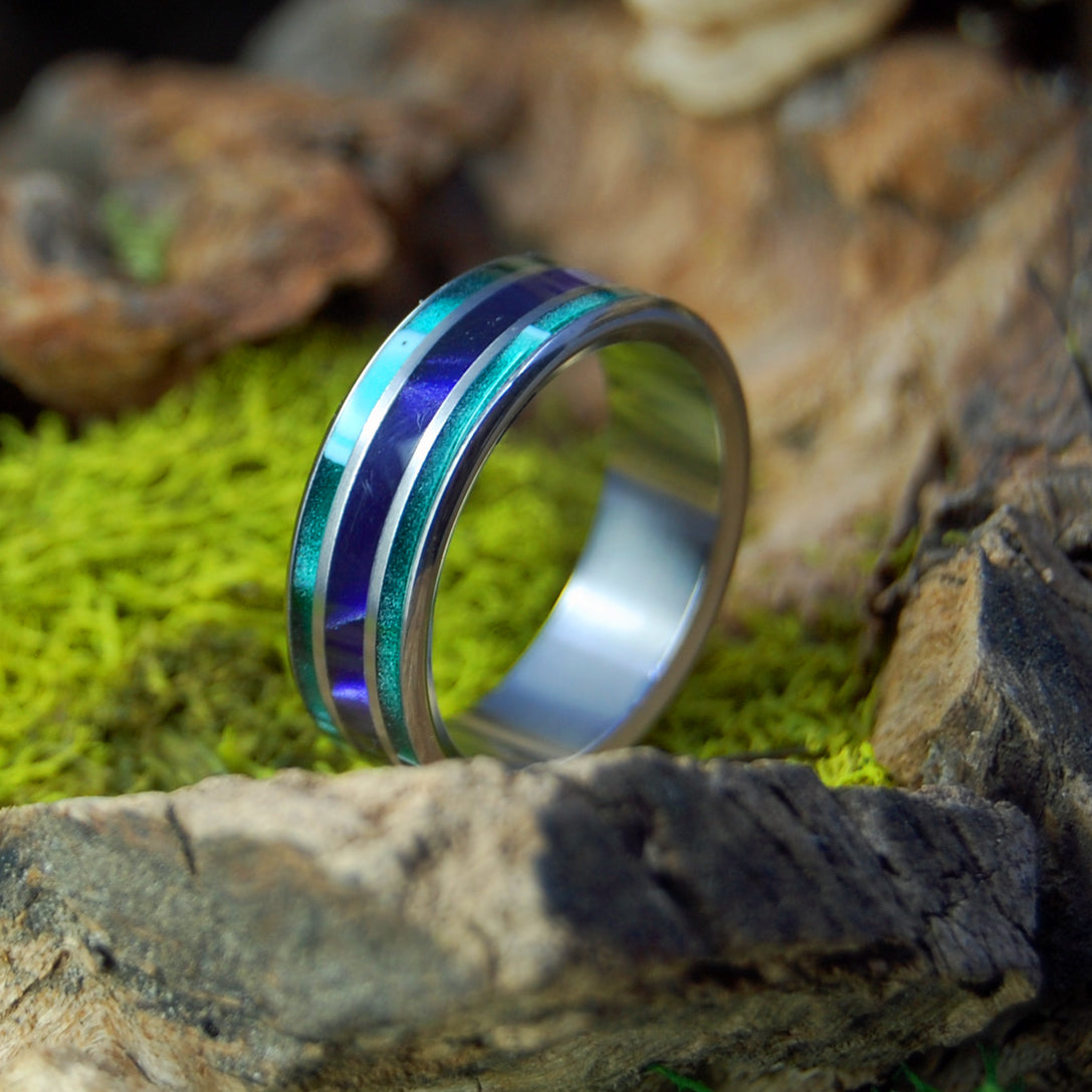 PURPLE PLEASURES | Purple Marbled Opalescent and Aquatic Green Resin - Wedding Rings - Minter and Richter Designs