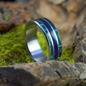 PURPLE PLEASURES | Purple Marbled Opalescent and Aquatic Green Resin - Wedding Rings - Minter and Richter Designs