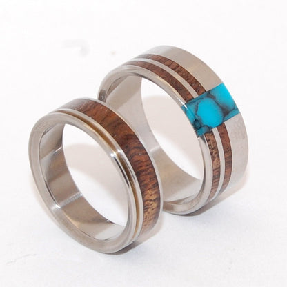 Pu'uwai & Comet | Turquoise Stone, Hawaiian Koa Wood & Titanium - Wooden Wedding Ring - Minter and Richter Designs