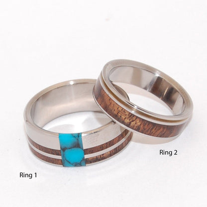 Pu'uwai & Comet | Turquoise Stone, Hawaiian Koa Wood & Titanium - Wooden Wedding Ring - Minter and Richter Designs