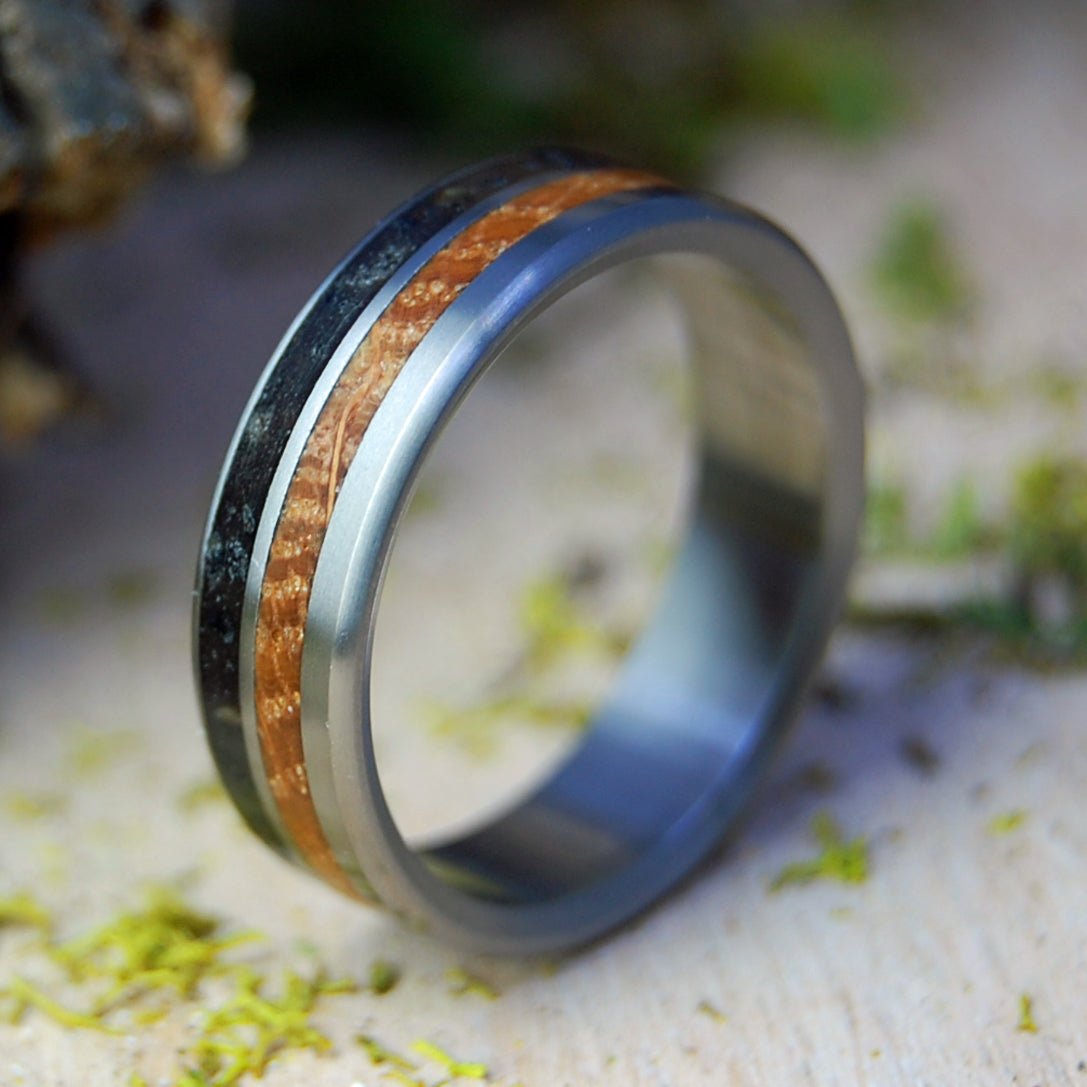Raise A Glass To Our U.S. Marines Narrow | Men's Whiskey Barrel and Iwo Jima Beach Sand & Titanium Military Memorial Wedding Ring - Minter and Richter Designs