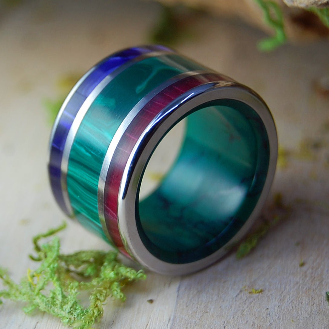 Ready to Rule | Men's Malachite, Purple & Red Marbled Opalescent, Jade & Titanium Wedding Ring - Minter and Richter Designs