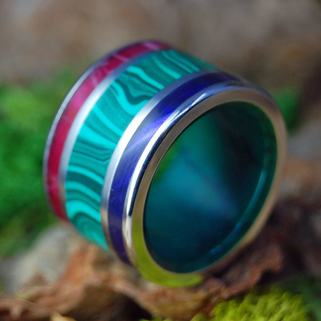 Ready to Rule | Men's Malachite, Purple & Red Marbled Opalescent, Jade & Titanium Wedding Ring - Minter and Richter Designs