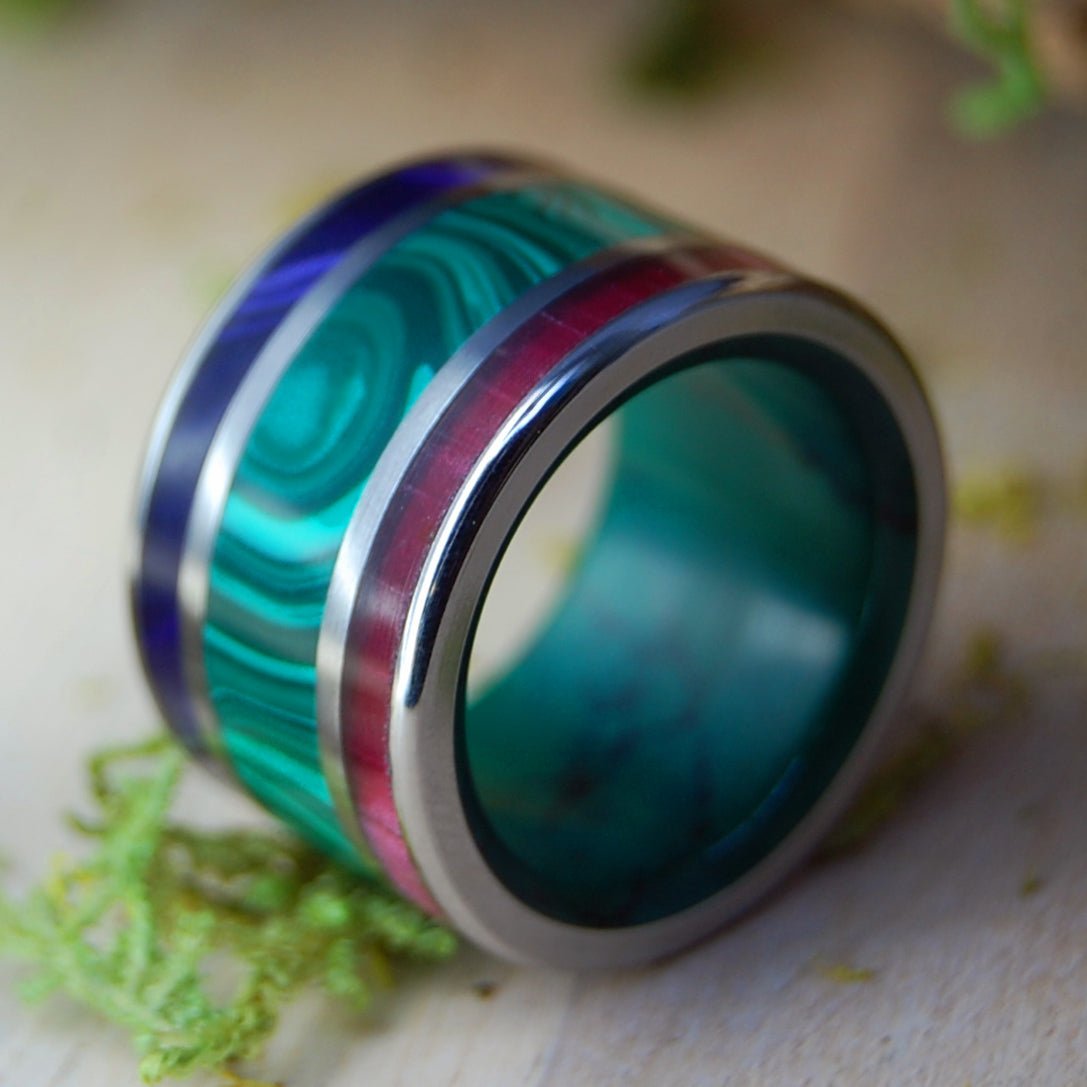 Ready to Rule | Men's Malachite, Purple & Red Marbled Opalescent, Jade & Titanium Wedding Ring - Minter and Richter Designs
