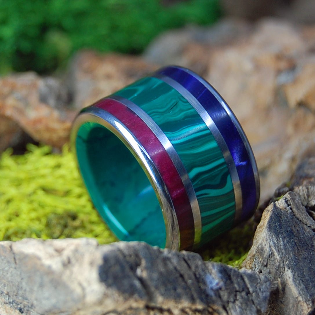 Ready to Rule | Men's Malachite, Purple & Red Marbled Opalescent, Jade & Titanium Wedding Ring - Minter and Richter Designs
