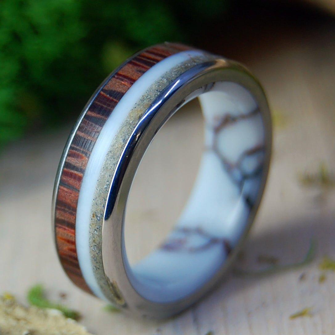 Red Palm Cove | Men's Wild Horse Jasper, Red Palm Wood, Cape Cod Beach Sand & Titanium Wedding Ring - Minter and Richter Designs
