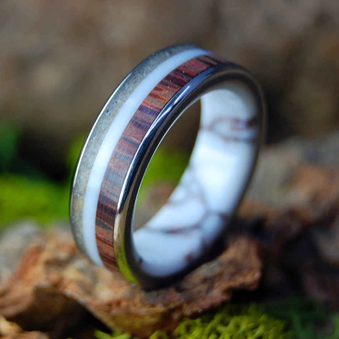 Red Palm Cove | Men's Wild Horse Jasper, Red Palm Wood, Cape Cod Beach Sand & Titanium Wedding Ring - Minter and Richter Designs