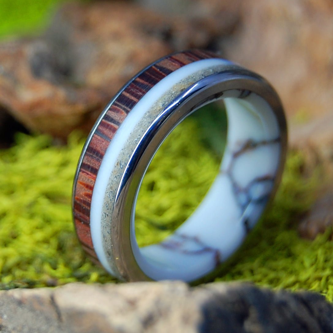 Red Palm Cove | Men's Wild Horse Jasper, Red Palm Wood, Cape Cod Beach Sand & Titanium Wedding Ring - Minter and Richter Designs