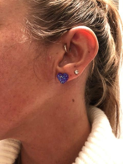 Red Sparkly Druzy Heart Stud EarRing | EarRing - Titanium And Resin EarRing - Valentines Day - Minter and Richter Designs