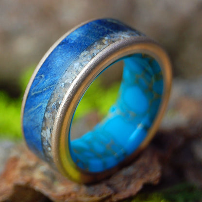Riviera Beach Florida | Men's Blue Box Elder Wood, Riviera Beach Sand, Tibetan Turquoise, Bronze & Titanium Wedding Ring - Minter and Richter Designs
