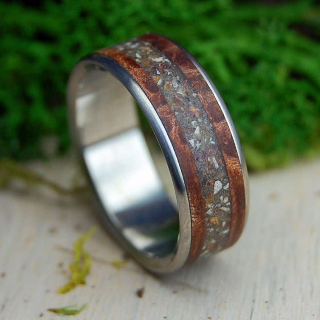 Rockport Rose Petals Redwood | Men's CA Redwood & Rockport MA Sand & Titanium Wedding Ring - Minter and Richter Designs