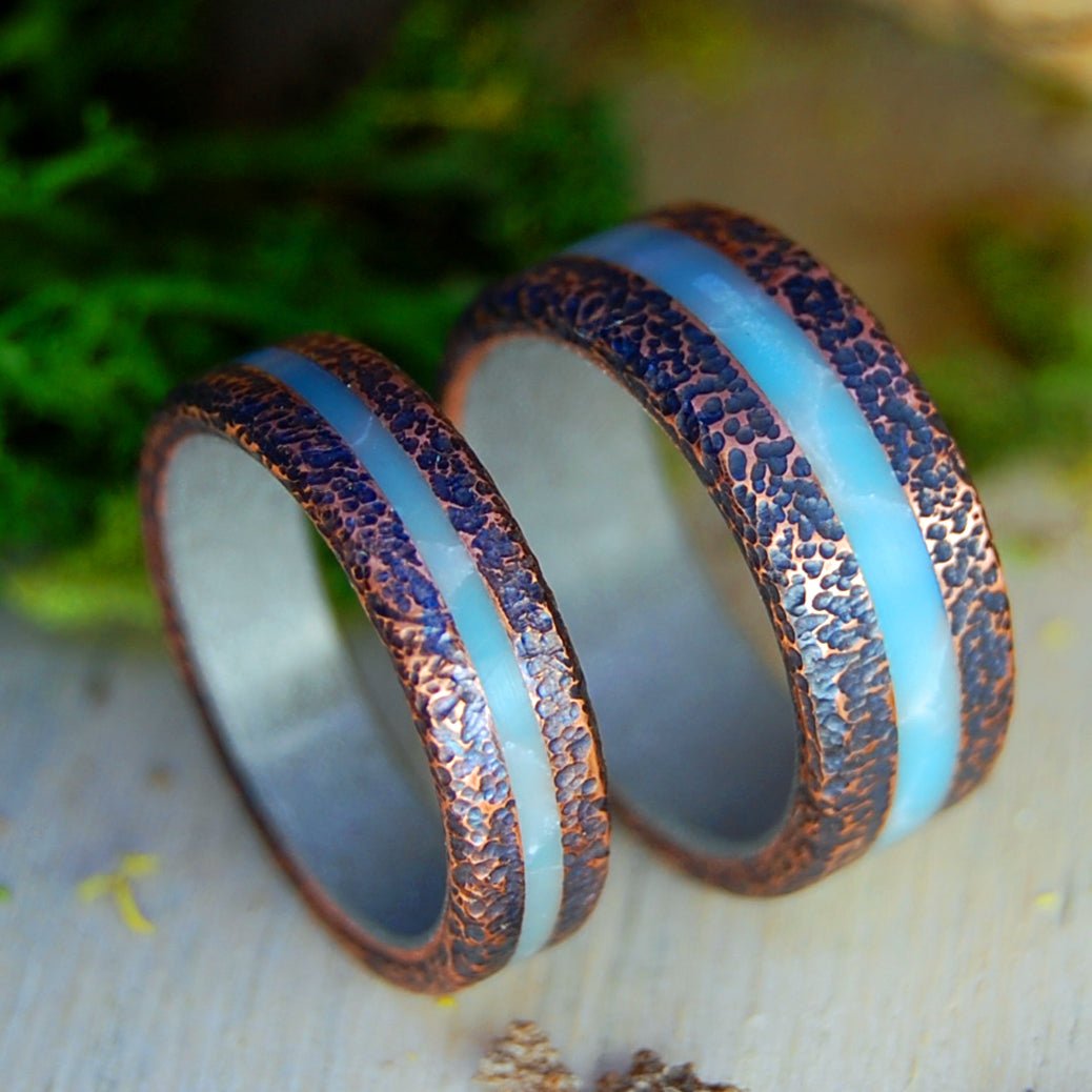 Rounded Hammered Copper Larimar | Copper, Larimar & Titanium Wedding Rings - Copper Rings - Minter and Richter Designs