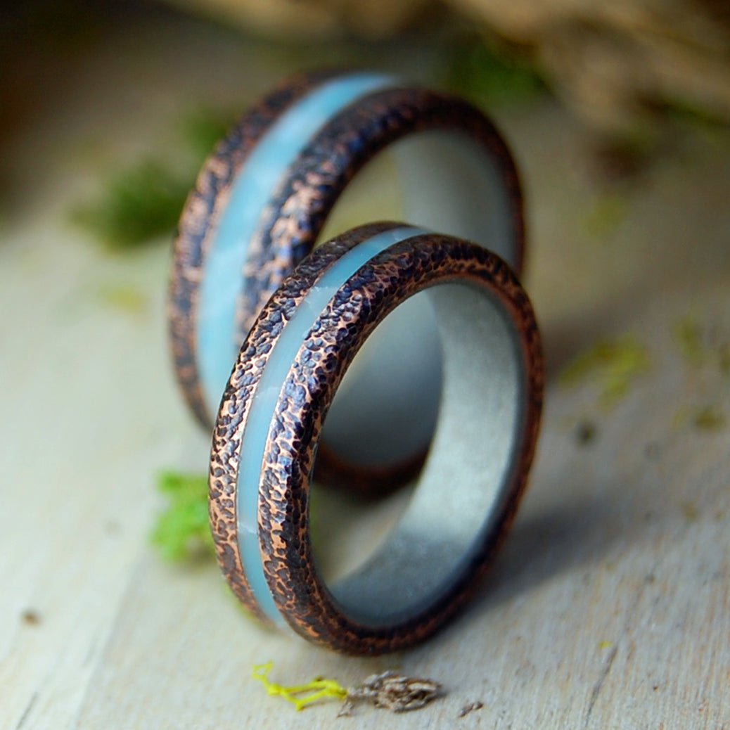 Rounded Hammered Copper Larimar | Copper, Larimar & Titanium Wedding Rings - Copper Rings - Minter and Richter Designs