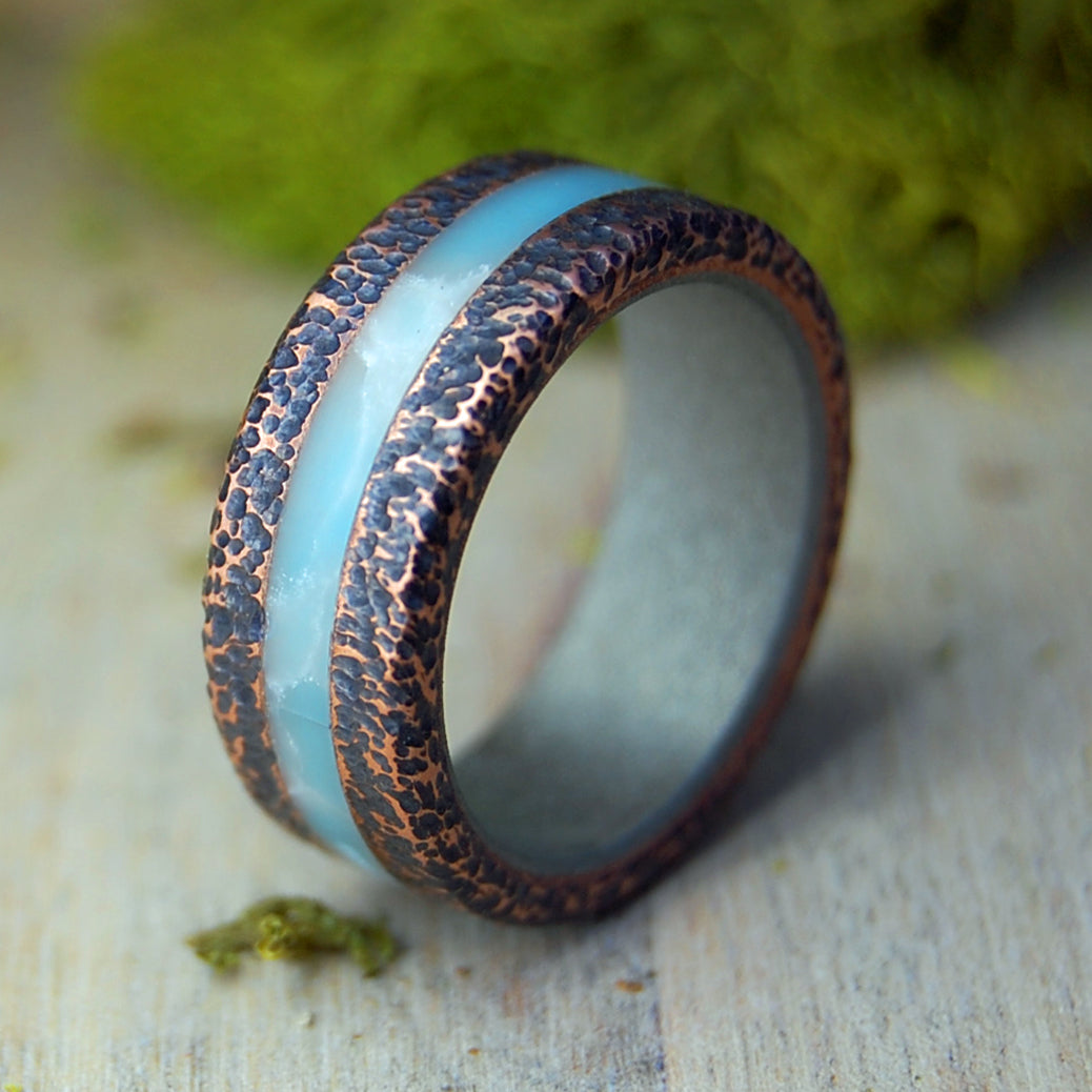 Rounded Copper Larimar Wide | Men's Larimar Stone, Copper & Titanium Wedding Ring