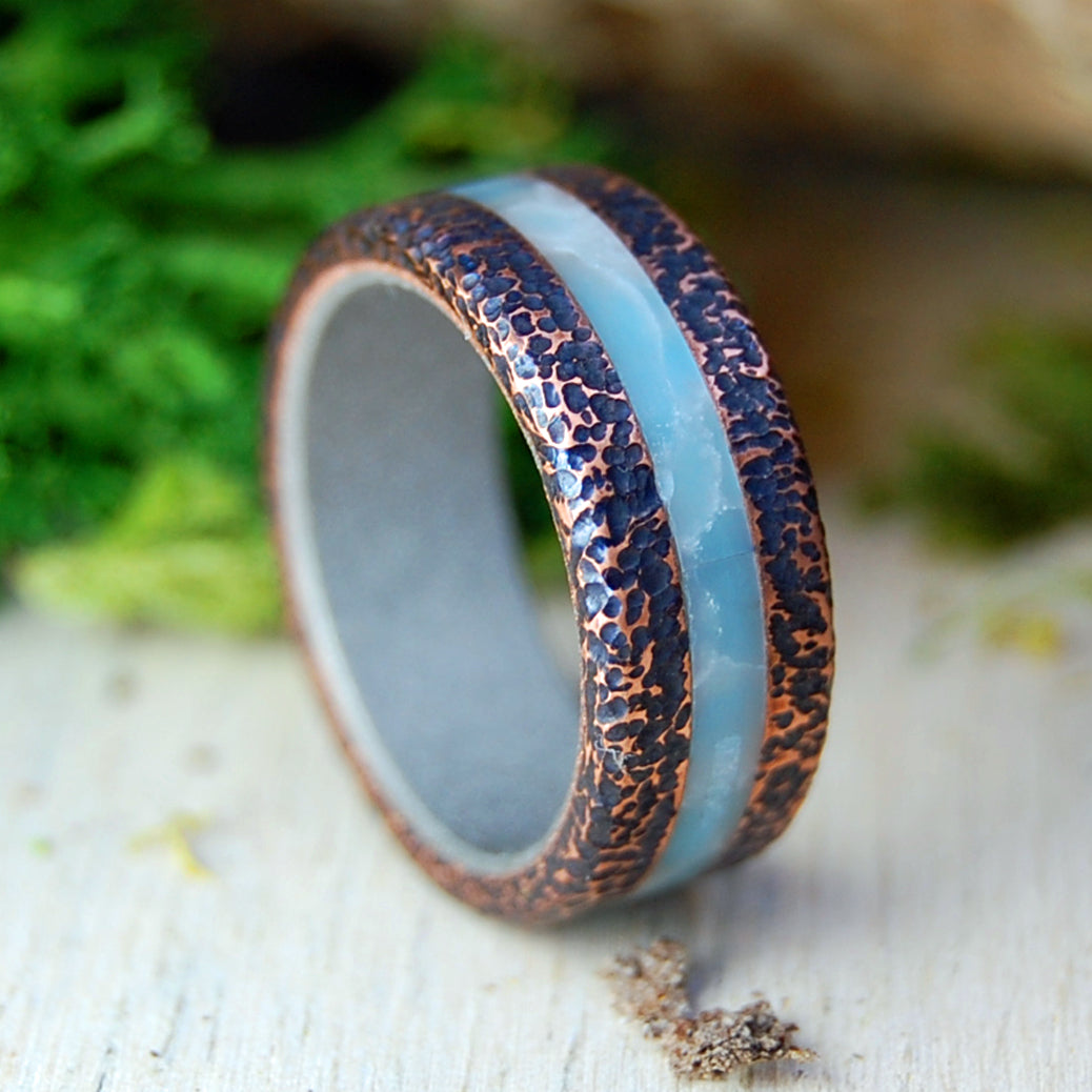 Rounded Copper Larimar Wide | Men's Larimar Stone, Copper & Titanium Wedding Ring