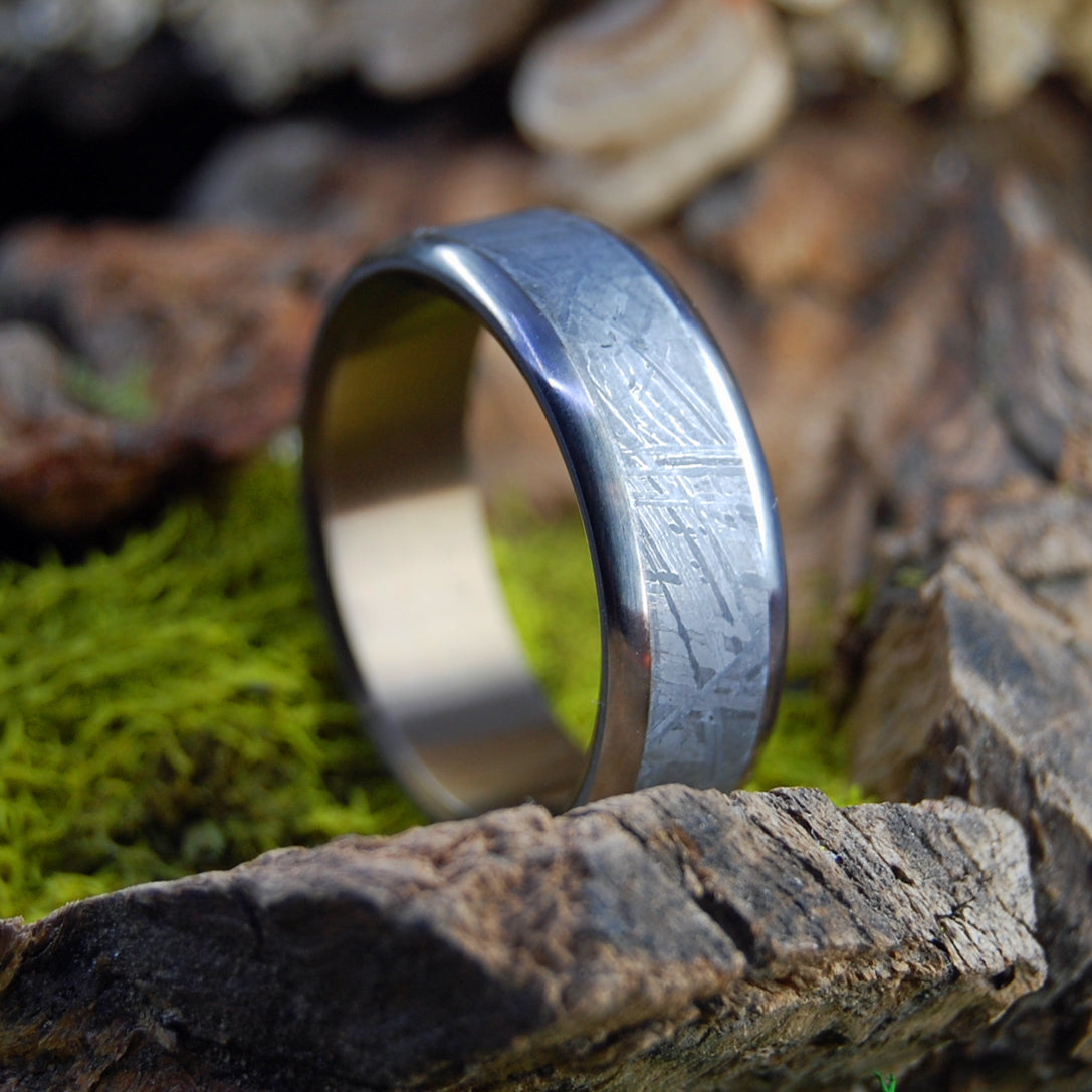 ROUNDED BRONZE MOON LANDING | Meteorite & Bronze Anodized Titanium Wedding Rings - Minter and Richter Designs