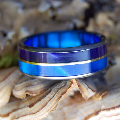 ROYAL BRASS FLUSH | Men's Blue and Purple Marbled Resin and Brass & Titanium Wedding Ring - Minter and Richter Designs