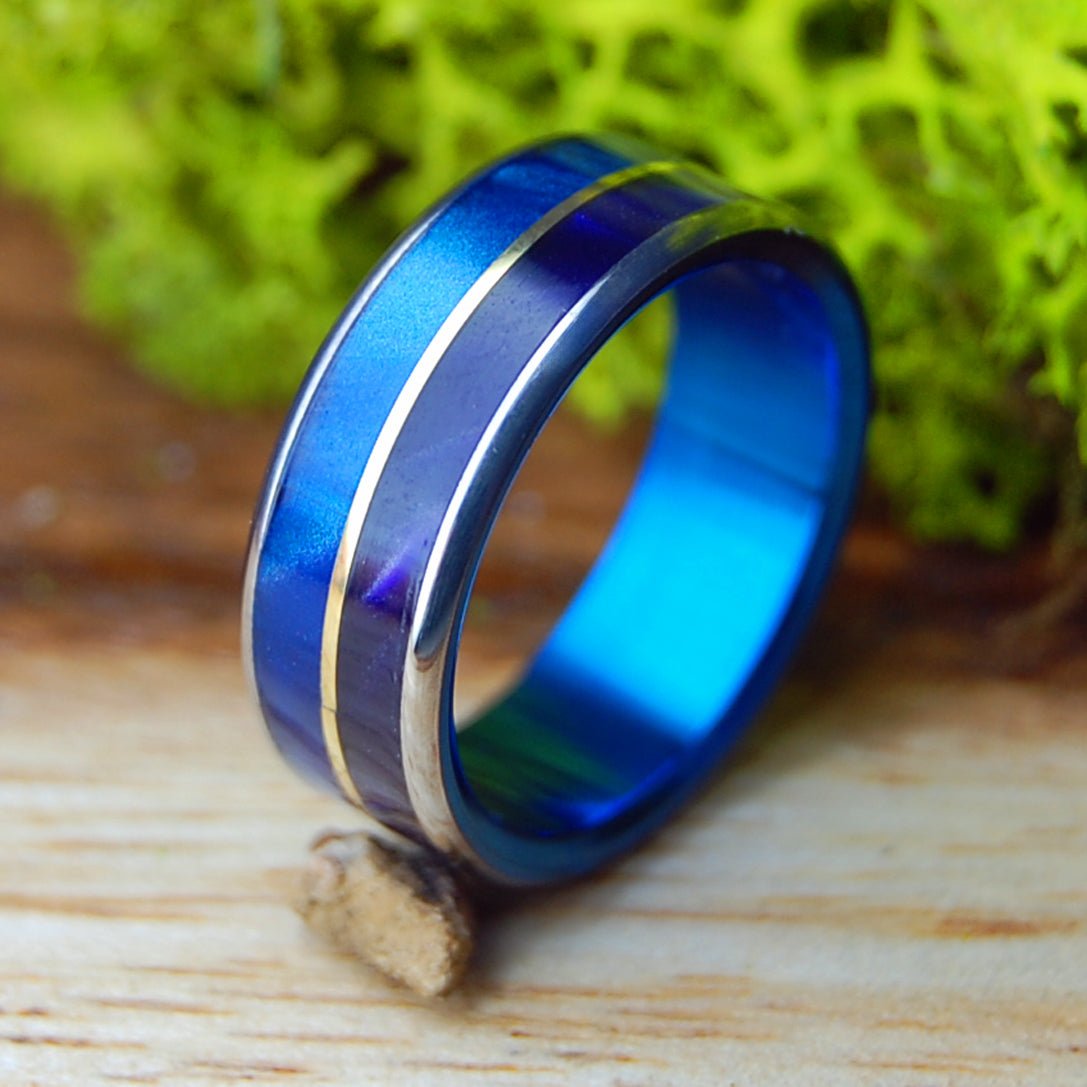 ROYAL BRASS FLUSH | Men's Blue and Purple Marbled Resin and Brass & Titanium Wedding Ring - Minter and Richter Designs