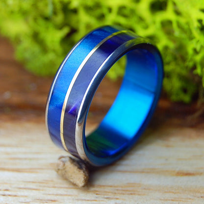 ROYAL BRASS FLUSH | Men's Blue and Purple Marbled Resin and Brass & Titanium Wedding Ring - Minter and Richter Designs