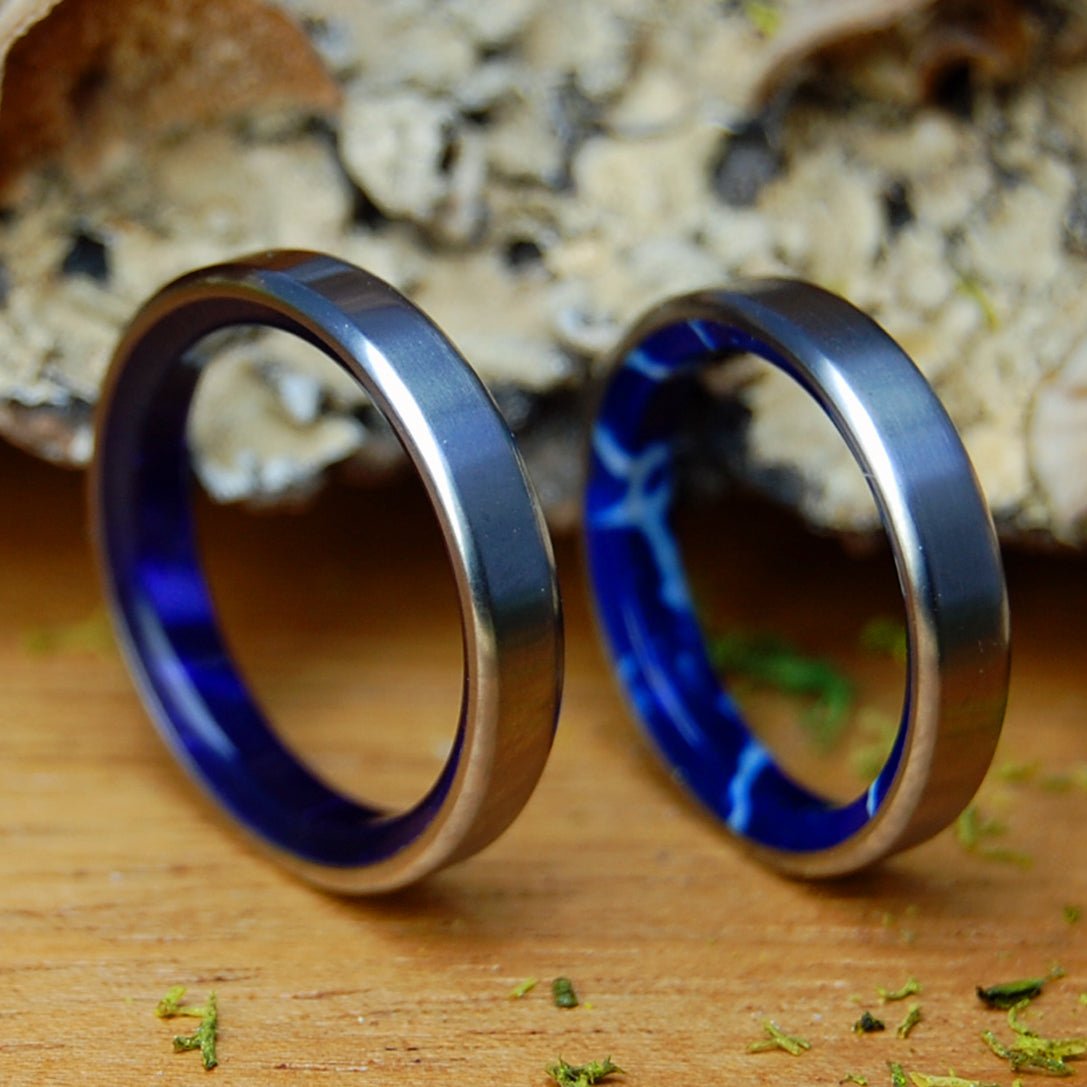 ROYAL SWIM IN COBALT & PURPLE | Purple Marbled Resin, Cobalt & Titanium - Unique Wedding Rings - Minter and Richter Designs