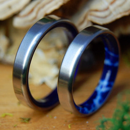 ROYAL SWIM IN COBALT & PURPLE | Purple Marbled Resin, Cobalt & Titanium - Unique Wedding Rings - Minter and Richter Designs