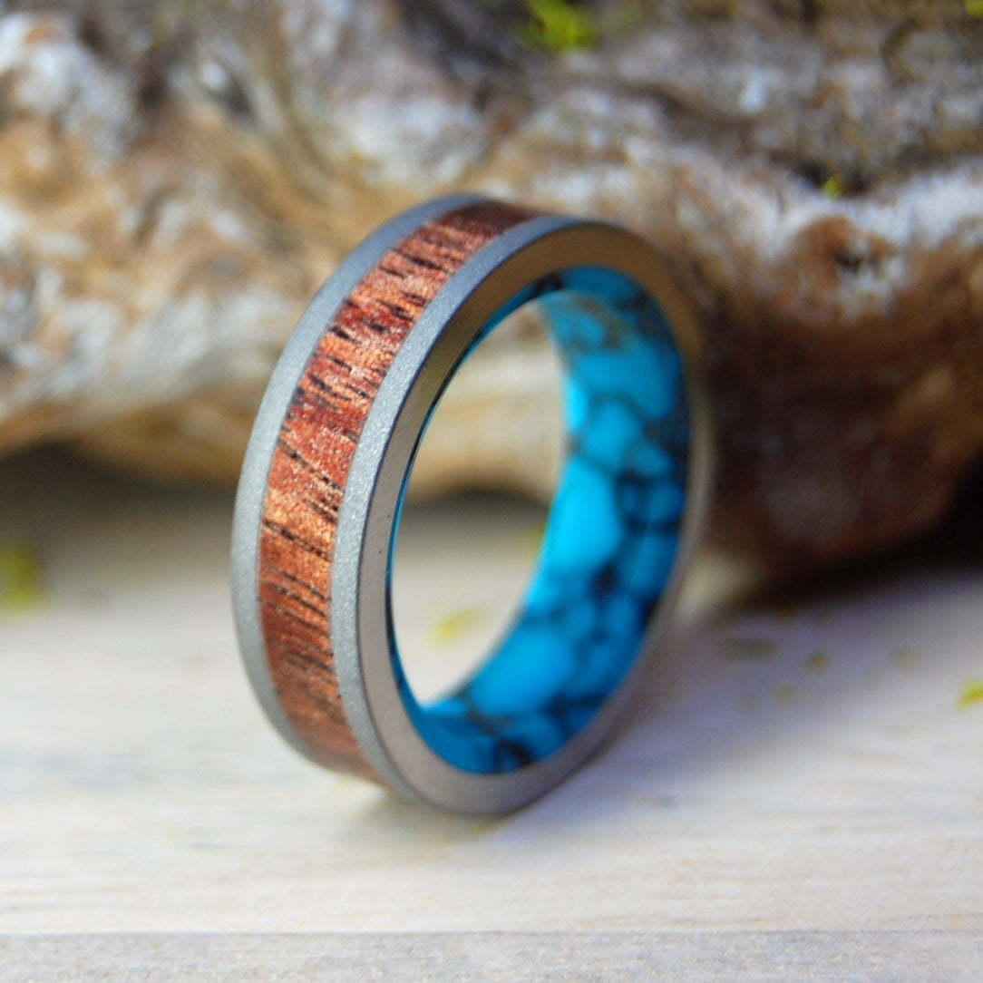 KOA ON A FLAT SEA |  Turquoise & Koa Wood Wedding Band - Minter and Richter Designs