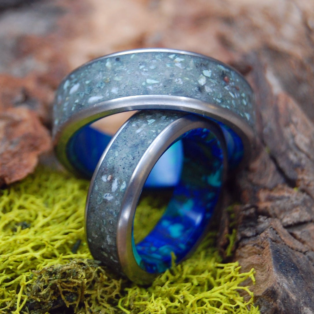 SAPPHIRE LAKE TAHOE | Azurite Stone & Lake Tahoe Rocks - His & Hers Wedding Bands - Stone Wedding Rings - Minter and Richter Designs