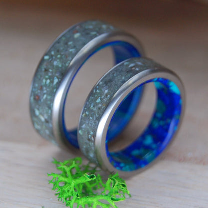 SAPPHIRE LAKE TAHOE | Azurite Stone & Lake Tahoe Rocks - His & Hers Wedding Bands - Stone Wedding Rings - Minter and Richter Designs
