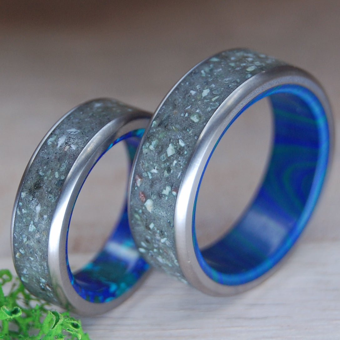 SAPPHIRE LAKE TAHOE | Azurite Stone & Lake Tahoe Rocks - His & Hers Wedding Bands - Stone Wedding Rings - Minter and Richter Designs