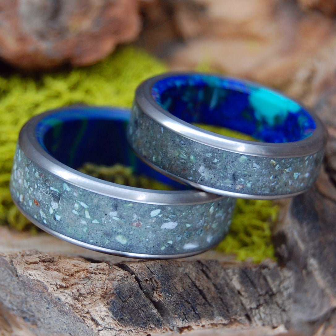 SAPPHIRE LAKE TAHOE | Azurite Stone & Lake Tahoe Rocks - His & Hers Wedding Bands - Stone Wedding Rings - Minter and Richter Designs