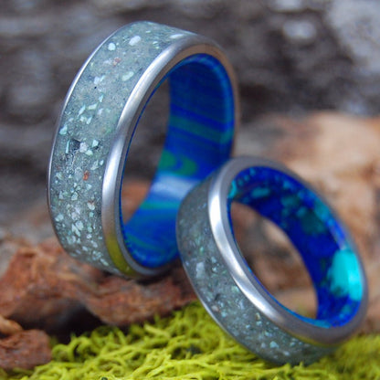 SAPPHIRE LAKE TAHOE | Azurite Stone & Lake Tahoe Rocks - His & Hers Wedding Bands - Stone Wedding Rings - Minter and Richter Designs