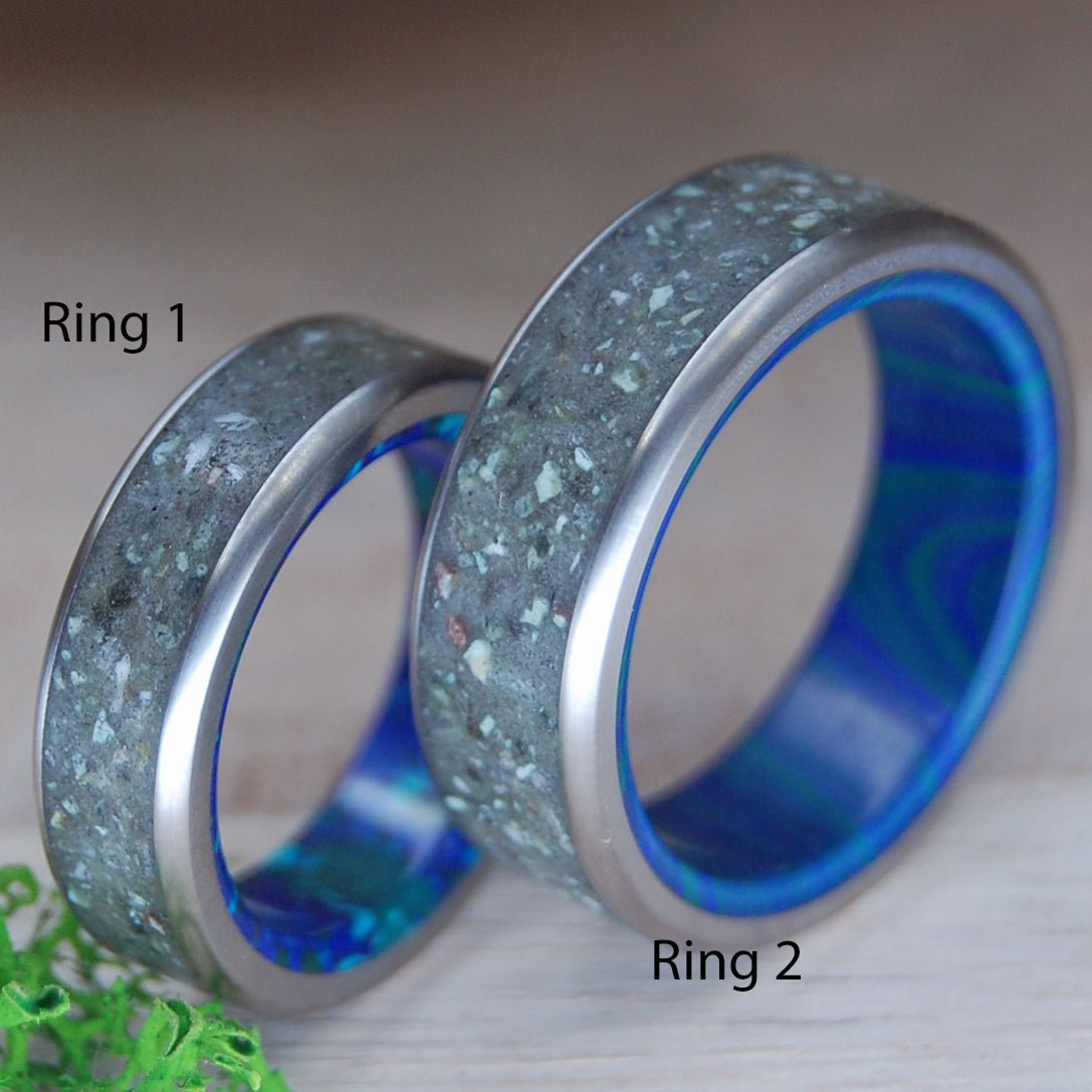 SAPPHIRE LAKE TAHOE | Azurite Stone & Lake Tahoe Rocks - His & Hers Wedding Bands - Stone Wedding Rings - Minter and Richter Designs