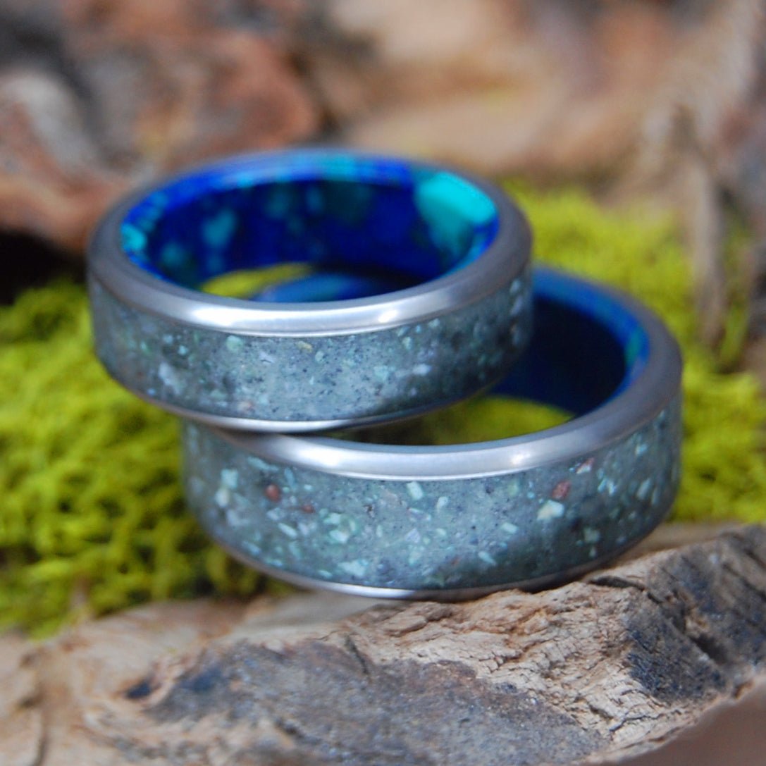 SAPPHIRE LAKE TAHOE | Azurite Stone & Lake Tahoe Rocks - His & Hers Wedding Bands - Stone Wedding Rings - Minter and Richter Designs
