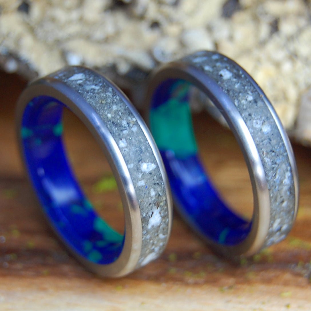 SAPPHIRE LAKE TAHOE NARROW SET | Azurite Stone & Lake Tahoe Rocks - His & Hers Wedding Bands - Stone Wedding Rings - Minter and Richter Designs