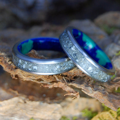 SAPPHIRE LAKE TAHOE NARROW SET | Azurite Stone & Lake Tahoe Rocks - His & Hers Wedding Bands - Stone Wedding Rings - Minter and Richter Designs