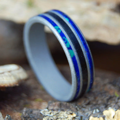 SCOTTISH SEAS NARROW | Men's Scottish Bog Oak, Azurite & Titanium Wedding Ring - Minter and Richter Designs